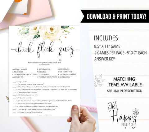 chick flick movie quiz, movie quiz game, Printable bachelorette games, floral bachelorette, floral hen party games, fun hen party games, bachelorette game ideas, floral adult party games, naughty hen games, naughty bachelorette games