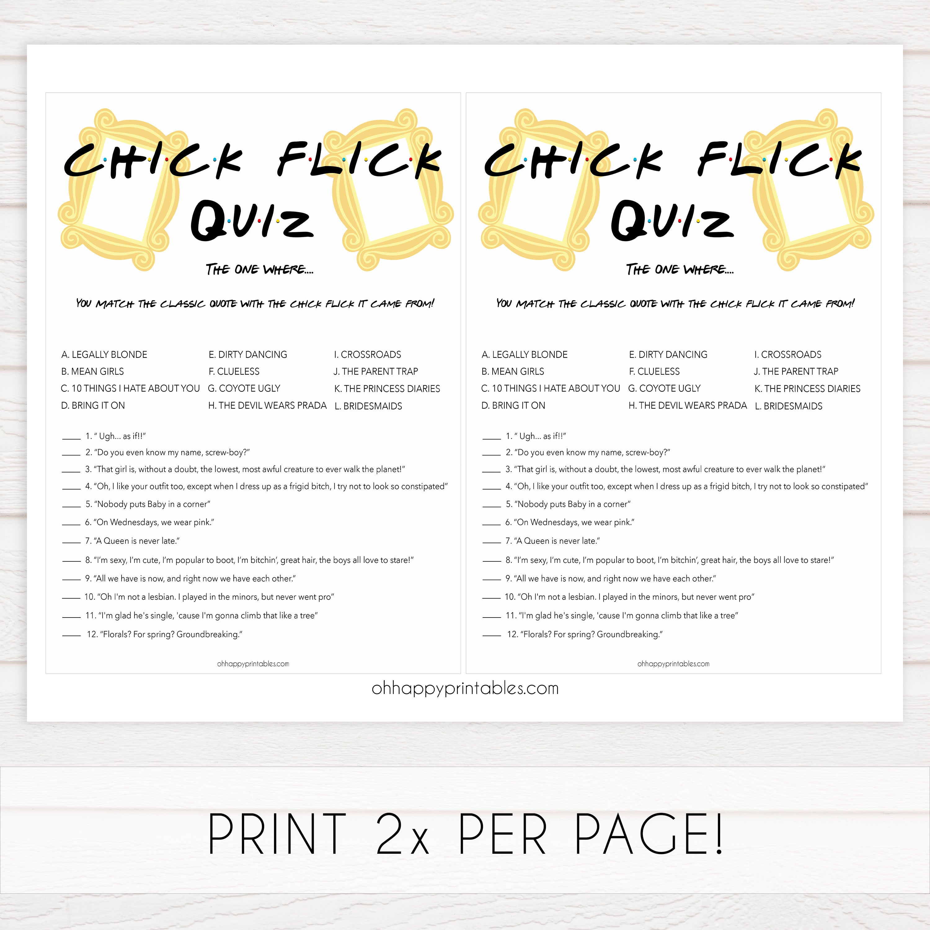 chick flick quiz, bridal chick flick, Printable bridal shower games, friends bridal shower, friends bridal shower games, fun bridal shower games, bridal shower game ideas, friends bridal shower