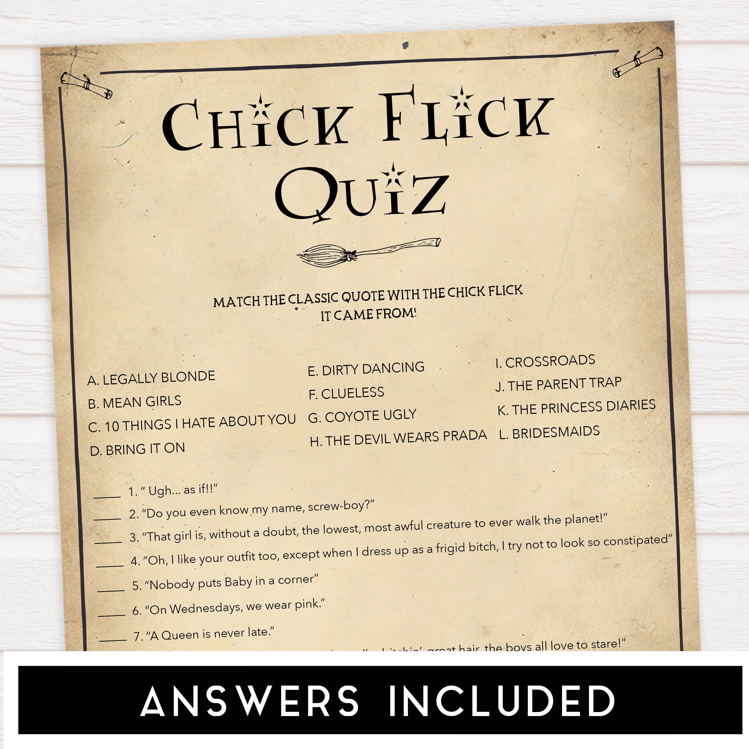 chick flick quiz game, bridal chick flick quiz, Printable bachelorette games, Harry Potter bachelorette, Harry Potter hen party games, fun hen party games, bachelorette game ideas, Harry Potter adult party games, naughty hen games, naughty bachelorette games