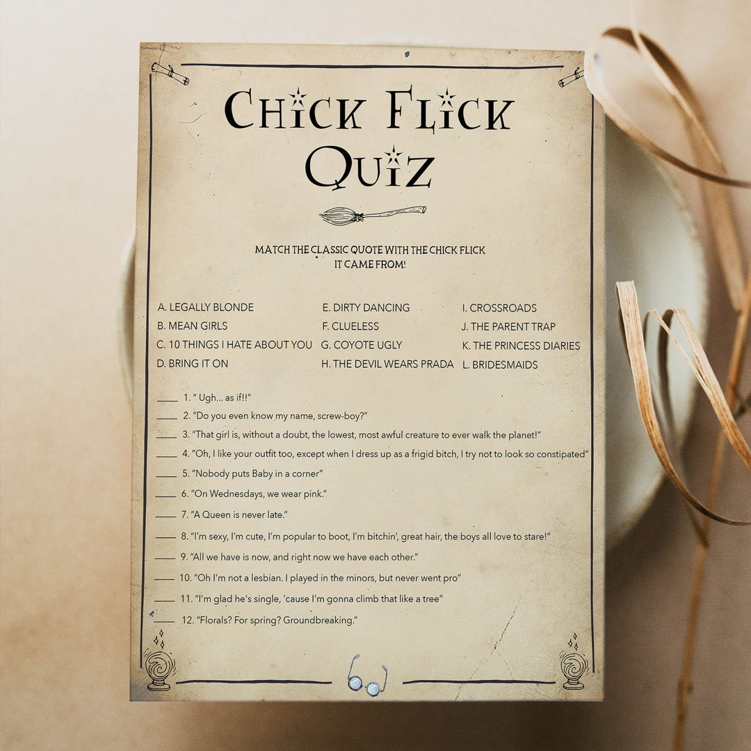 chick flick quiz game, bridal chick flick quiz, Printable bachelorette games, Harry Potter bachelorette, Harry Potter hen party games, fun hen party games, bachelorette game ideas, Harry Potter adult party games, naughty hen games, naughty bachelorette games
