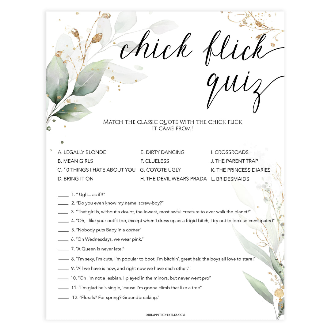 chick flick bridal game,  Printable bridal shower games, greenery bridal shower, gold leaf bridal shower games, fun bridal shower games, bridal shower game ideas, greenery bridal shower