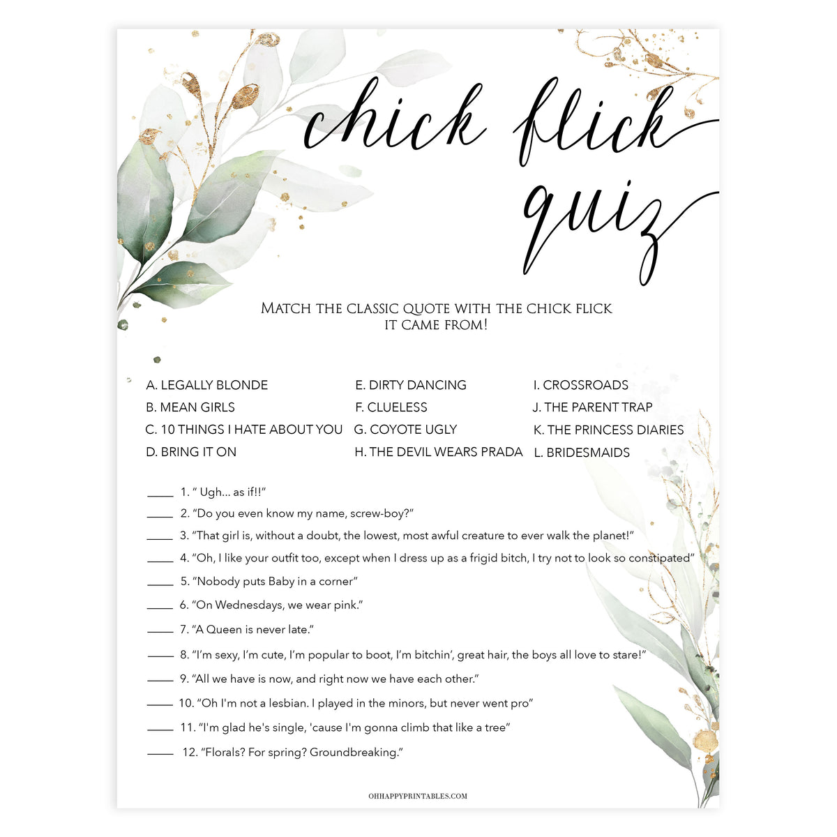 chick flick bridal game,  Printable bridal shower games, greenery bridal shower, gold leaf bridal shower games, fun bridal shower games, bridal shower game ideas, greenery bridal shower