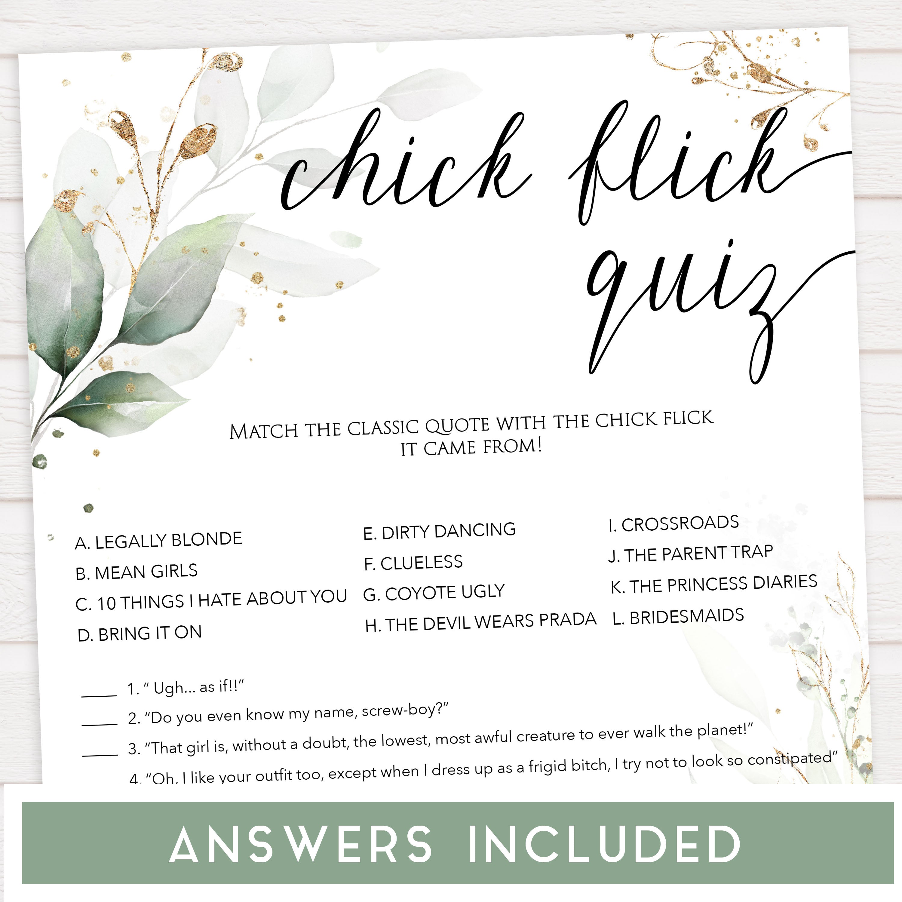 chick flick bridal game,  Printable bridal shower games, greenery bridal shower, gold leaf bridal shower games, fun bridal shower games, bridal shower game ideas, greenery bridal shower