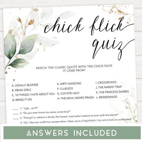 chick flick bridal game,  Printable bridal shower games, greenery bridal shower, gold leaf bridal shower games, fun bridal shower games, bridal shower game ideas, greenery bridal shower