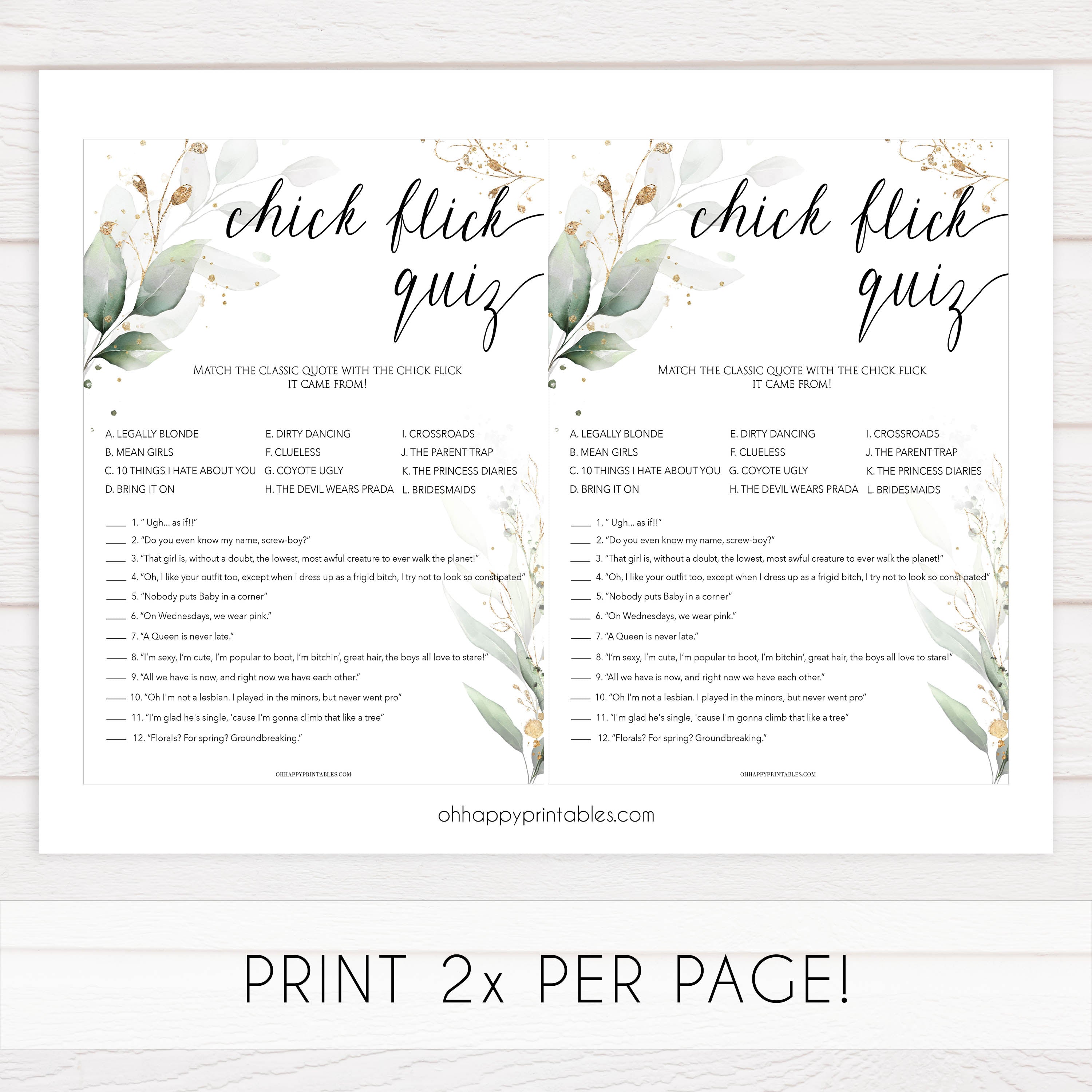 chick flick bridal game,  Printable bridal shower games, greenery bridal shower, gold leaf bridal shower games, fun bridal shower games, bridal shower game ideas, greenery bridal shower