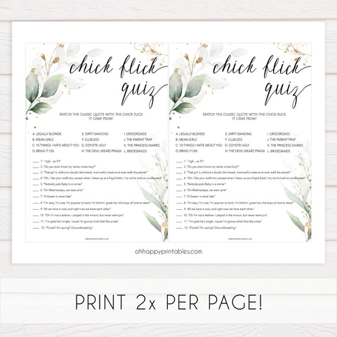 chick flick bridal game,  Printable bridal shower games, greenery bridal shower, gold leaf bridal shower games, fun bridal shower games, bridal shower game ideas, greenery bridal shower