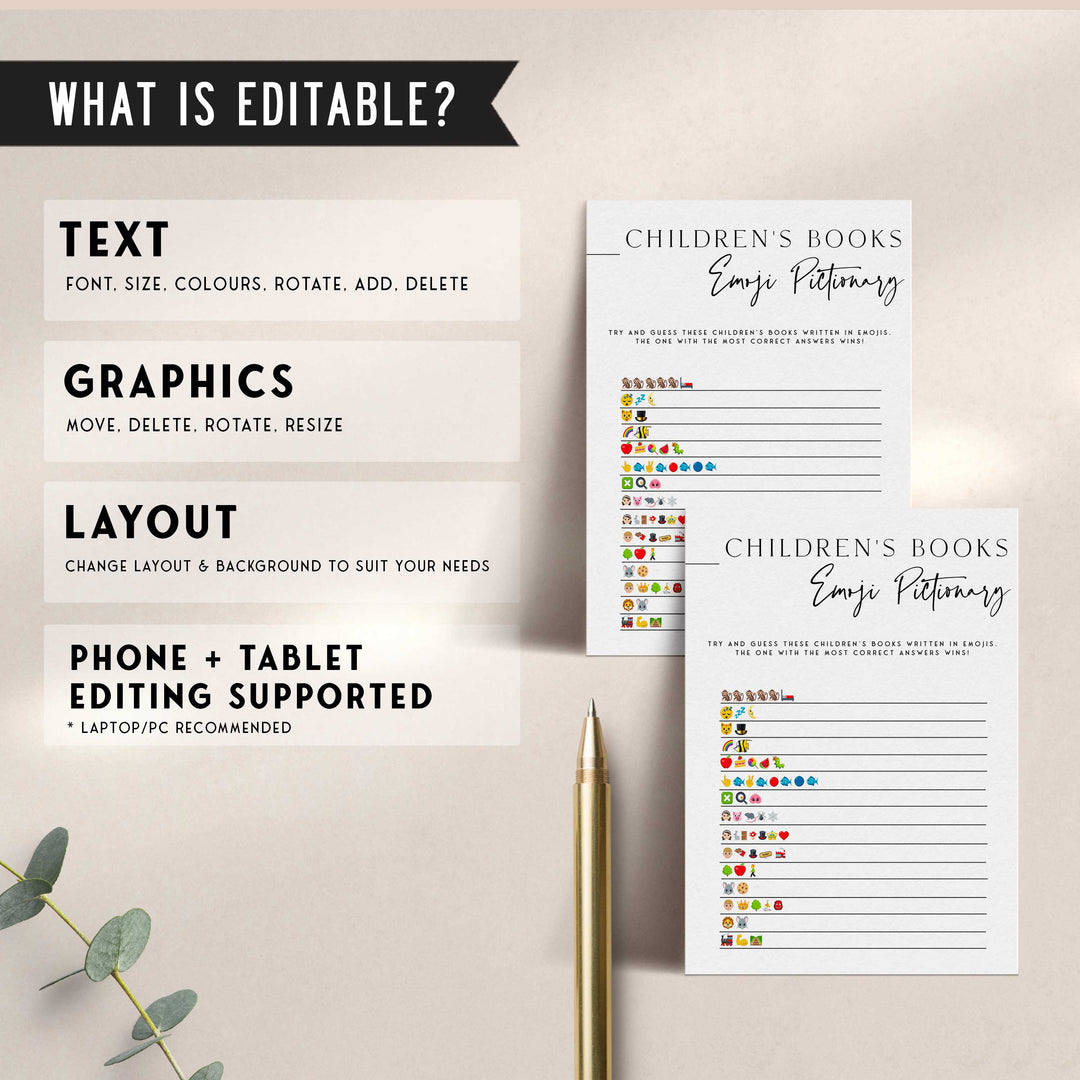 Printable baby shower game Childrens Books Emoji Pictionary game with a modern minimalist design