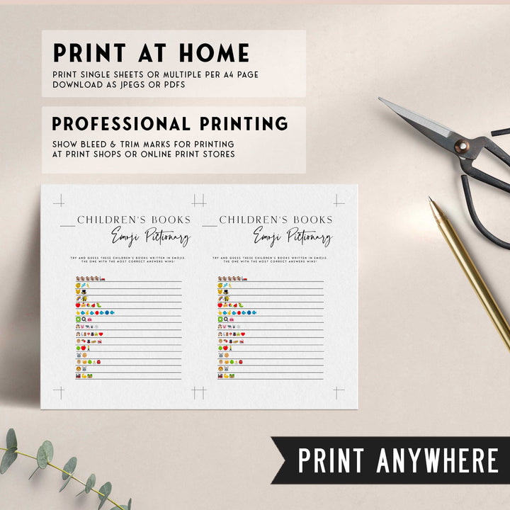 Printable baby shower game Childrens Books Emoji Pictionary game with a modern minimalist design