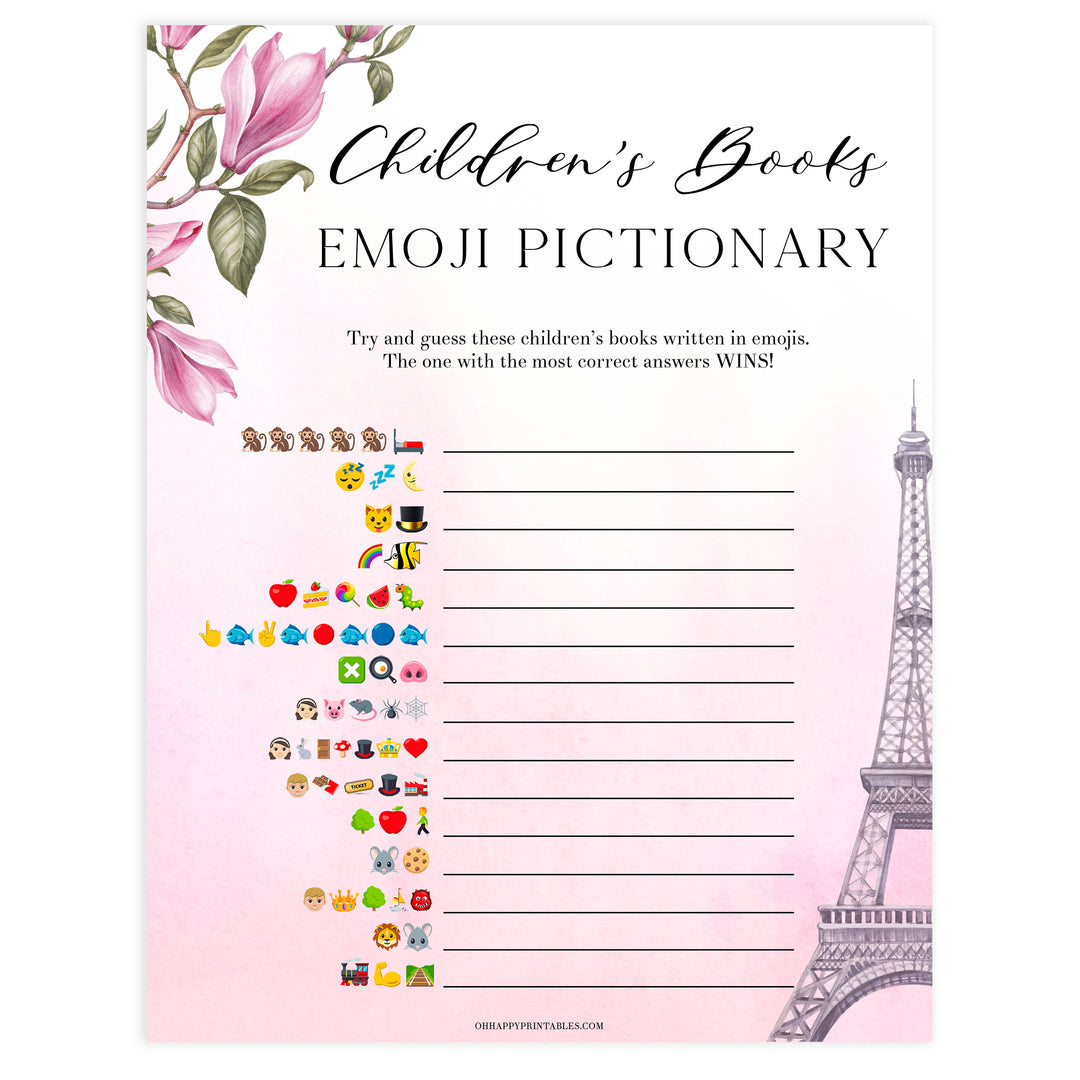 childrens books emoji Pictionary game,  Paris baby shower games, printable baby shower games, Parisian baby shower games, fun baby shower games
