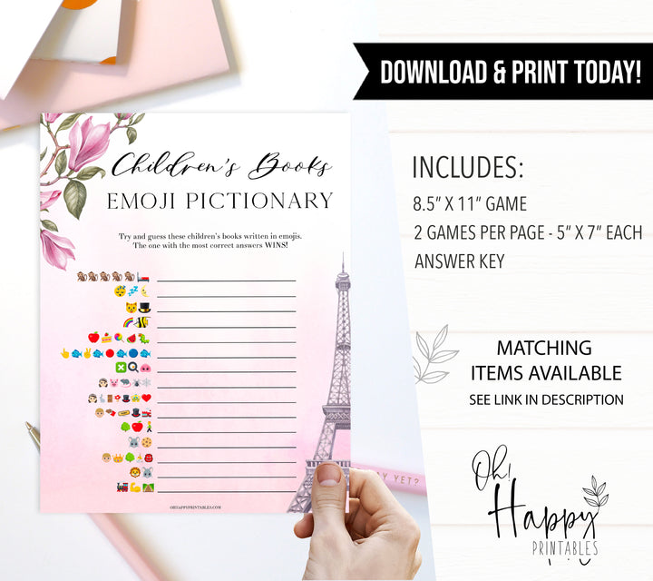 childrens books emoji Pictionary game,  Paris baby shower games, printable baby shower games, Parisian baby shower games, fun baby shower games
