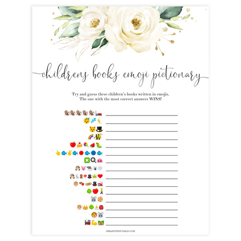 childrens books emoji pictionary game, Printable baby shower games, shite floral baby games, baby shower games, fun baby shower ideas, top baby shower ideas, floral baby shower, baby shower games, fun floral baby shower ideas