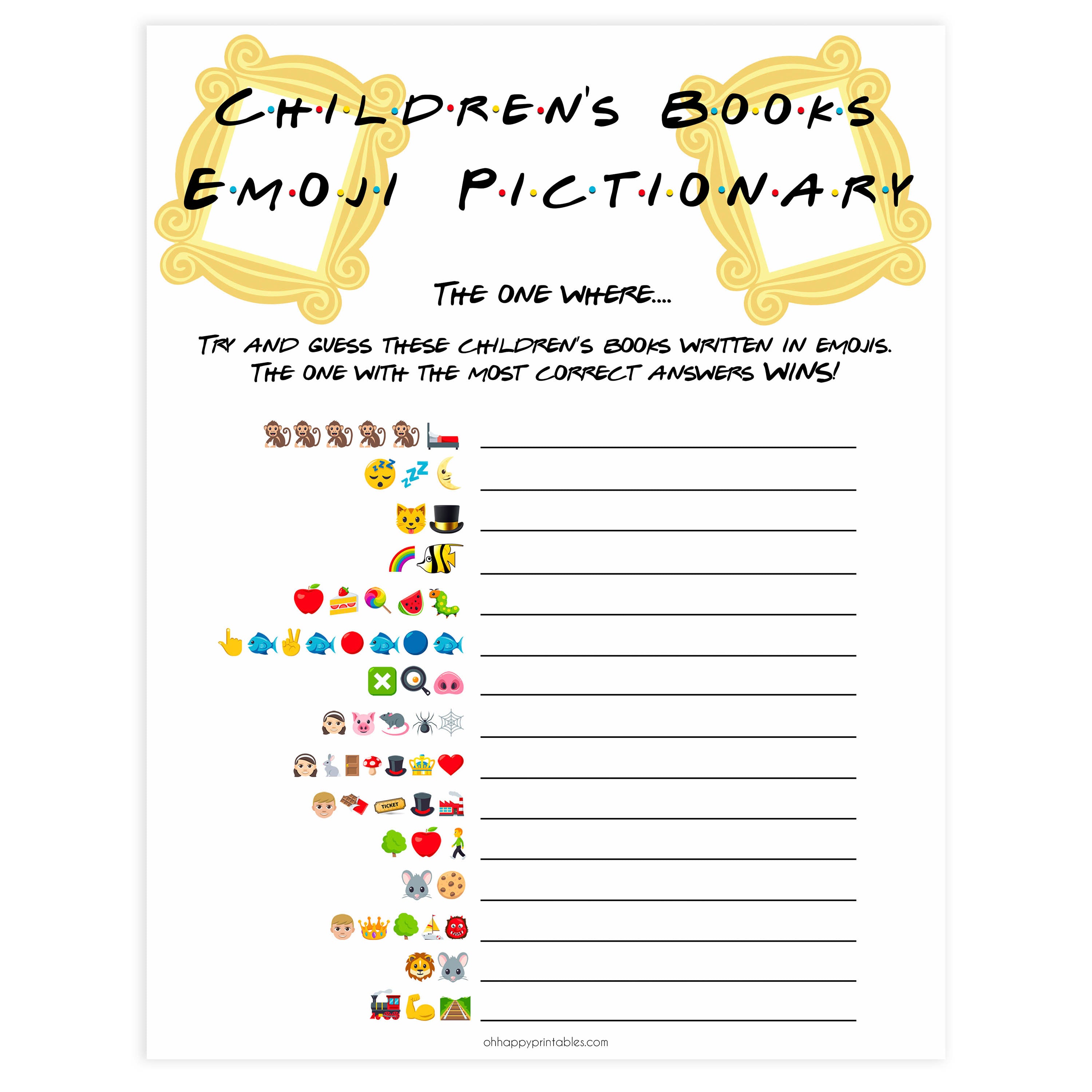 childrens books emoji pictionary, printable baby shower games, friends baby shower theme, the one where baby shower