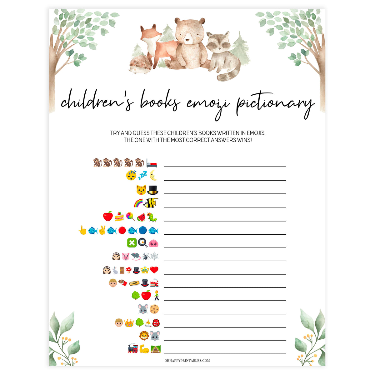 childrens books emoji pictionary games, Printable baby shower games, woodland animals baby games, baby shower games, fun baby shower ideas, top baby shower ideas, woodland baby shower, baby shower games, fun woodland animals baby shower ideas