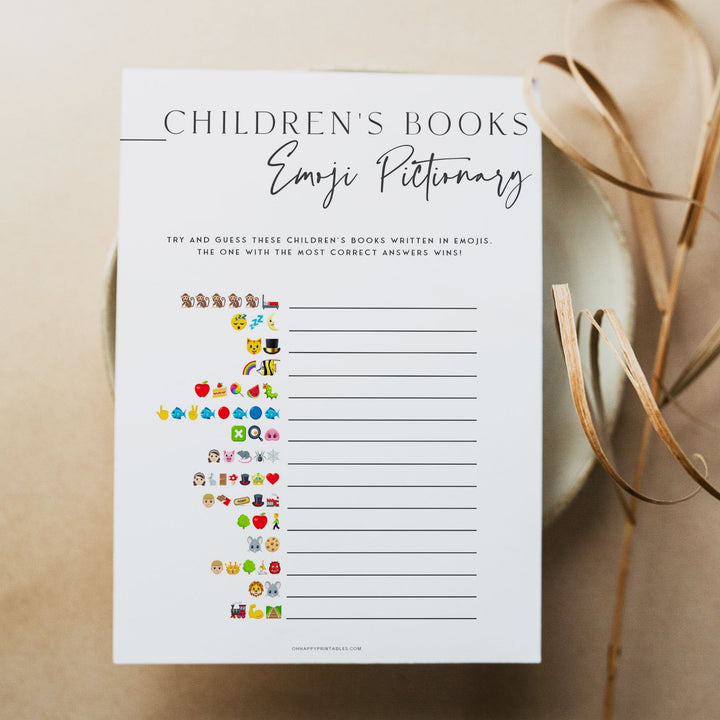 Printable baby shower game Childrens Books Emoji Pictionary game with a modern minimalist design