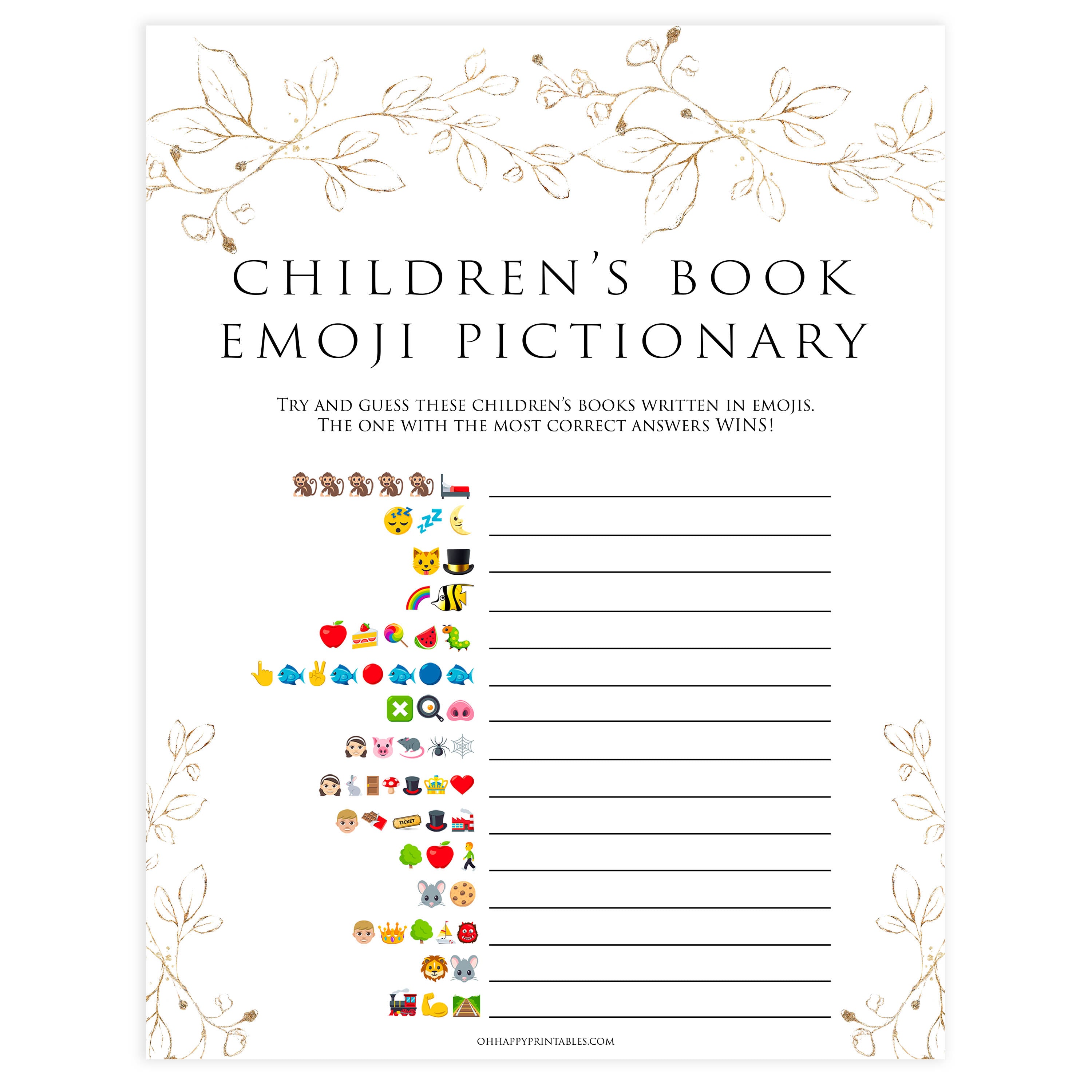 childrens books emoji Pictionary game, Printable baby shower games, gold leaf baby games, baby shower games, fun baby shower ideas, top baby shower ideas, gold leaf baby shower, baby shower games, fun gold leaf baby shower ideas