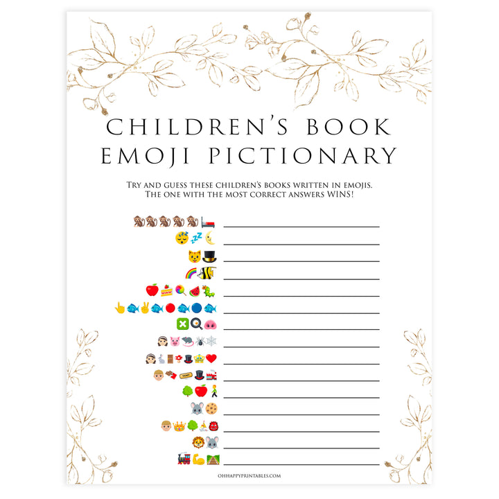 childrens books emoji Pictionary game, Printable baby shower games, gold leaf baby games, baby shower games, fun baby shower ideas, top baby shower ideas, gold leaf baby shower, baby shower games, fun gold leaf baby shower ideas