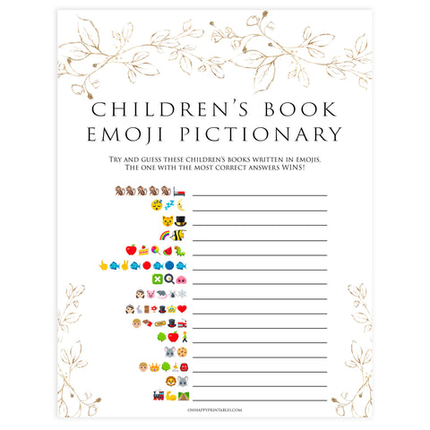childrens books emoji Pictionary game, Printable baby shower games, gold leaf baby games, baby shower games, fun baby shower ideas, top baby shower ideas, gold leaf baby shower, baby shower games, fun gold leaf baby shower ideas