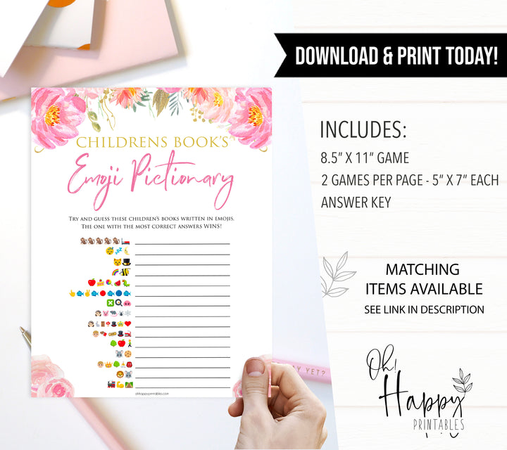Pink blush floral childrens books emoji pictionary game, printable baby games, baby shower games, blush baby shower, floral baby games, girl baby shower ideas, pink baby shower ideas, floral baby games, popular baby games, fun baby games