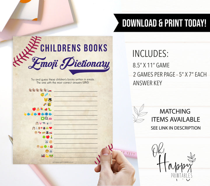 Baseball Childrens Books Emoji Pictionary, Childrens Book Emoji Game, Printble Baby Shower Games, Little Slugger Emoji Baby Shower, printable baby shower games, fun baby shower games, popular baby shower games