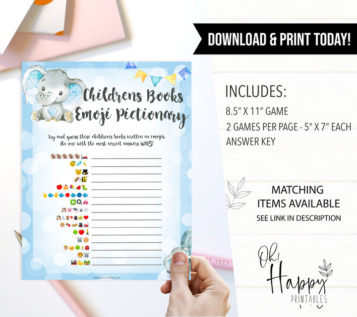 Blue elephant baby games, childrens books emoji pictioinary, elephant baby games, printable baby games, top baby games, best baby shower games, baby shower ideas, fun baby games, elephant baby shower