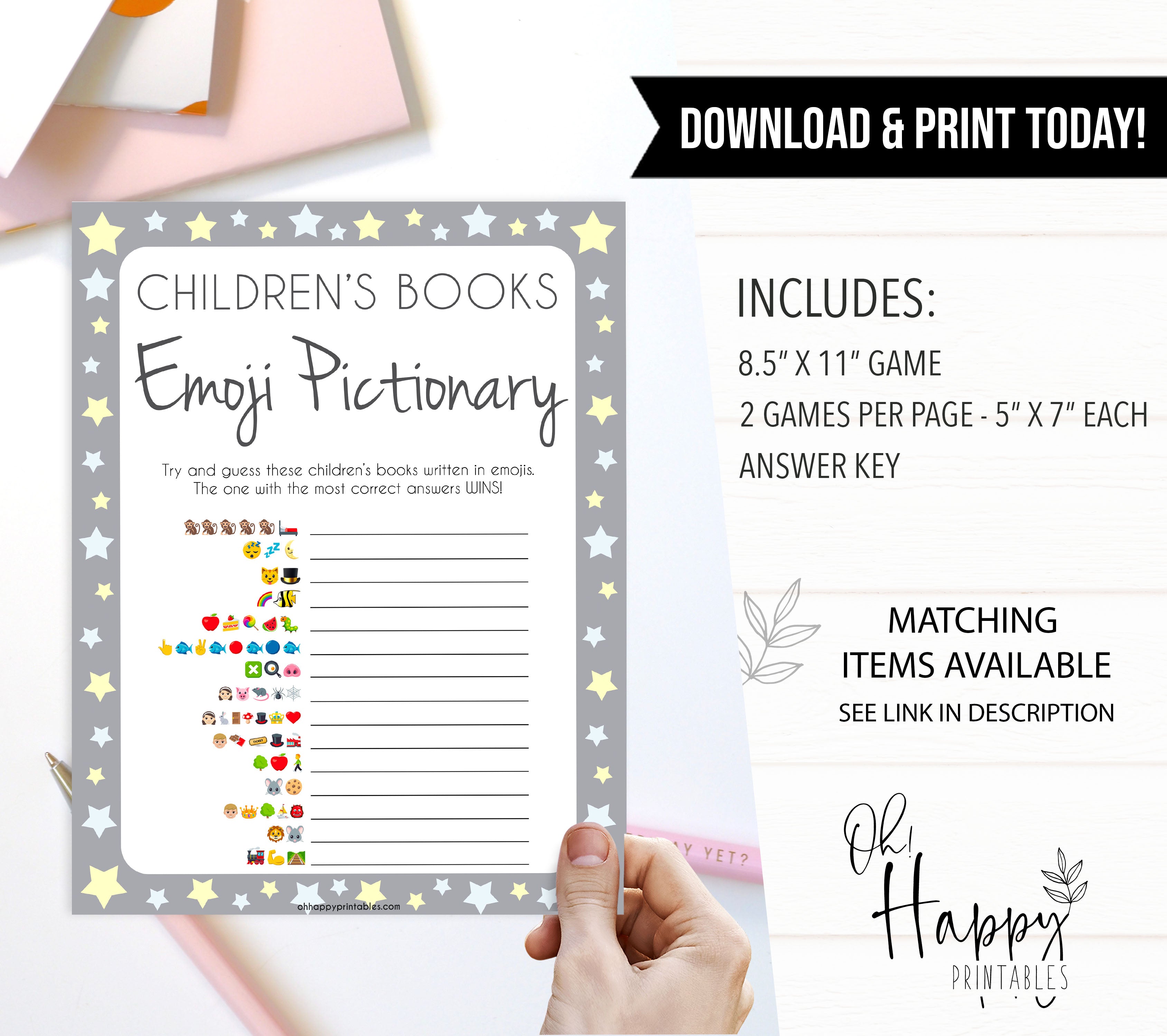 Grey Yellow Stars Childrens Books Emoji Pictionary, Childrens Book Emoji Game, Baby Shower Emoji Pictionary, Printable Baby Shower Games, fun baby shower games, popular baby shower games