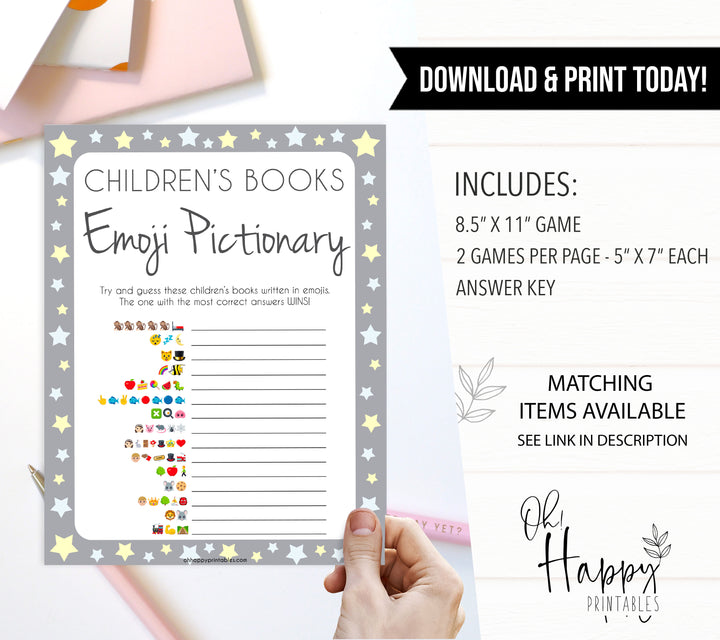 Grey Yellow Stars Childrens Books Emoji Pictionary, Childrens Book Emoji Game, Baby Shower Emoji Pictionary, Printable Baby Shower Games, fun baby shower games, popular baby shower games