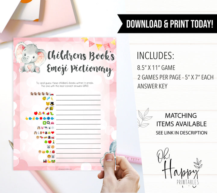 pink elephant baby games, childrens books emoji pictionary baby shower games, printable baby shower games, baby shower games, fun baby games, popular baby games, pink baby games