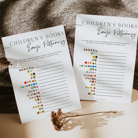 Printable baby shower game Childrens Books Emoji Pictionary game with a modern minimalist design