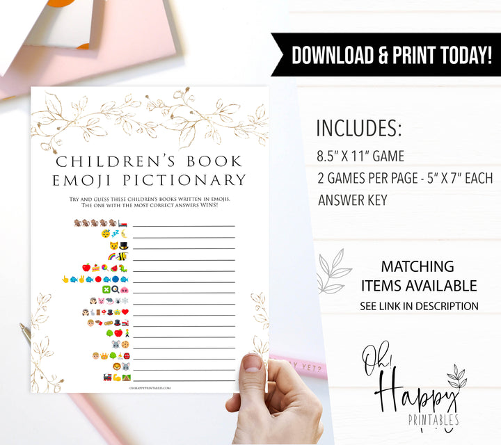 childrens books emoji Pictionary game, Printable baby shower games, gold leaf baby games, baby shower games, fun baby shower ideas, top baby shower ideas, gold leaf baby shower, baby shower games, fun gold leaf baby shower ideas