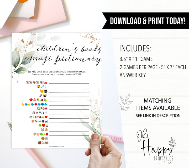 Gold green leaf baby games, childrens books emoji pictionary, printable baby games, fun baby games, top baby games to play, gold leaf baby shower, greenery baby shower ideas