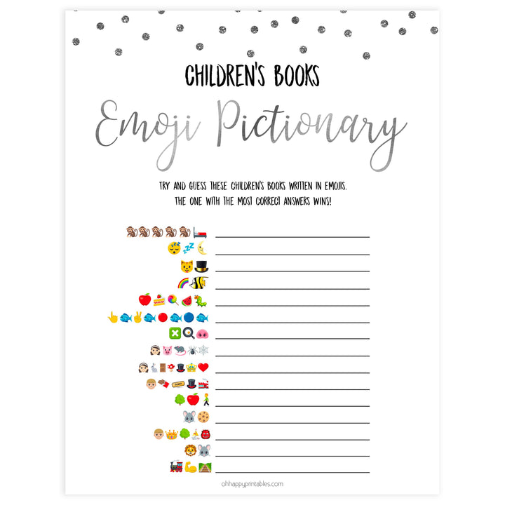 childrens books emoji pictionary, Printable baby shower games, baby silver glitter fun baby games, baby shower games, fun baby shower ideas, top baby shower ideas, silver glitter shower baby shower, friends baby shower ideas