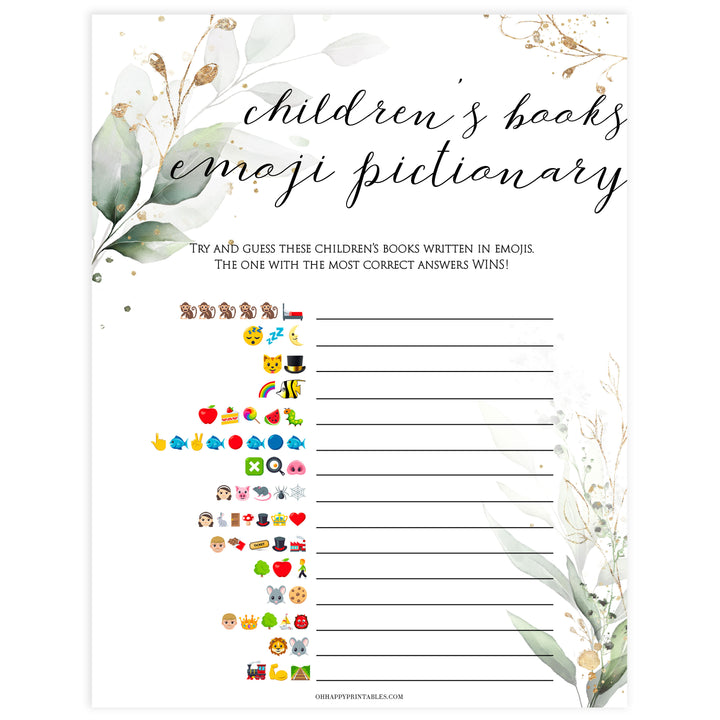 Gold green leaf baby games, childrens books emoji pictionary, printable baby games, fun baby games, top baby games to play, gold leaf baby shower, greenery baby shower ideas