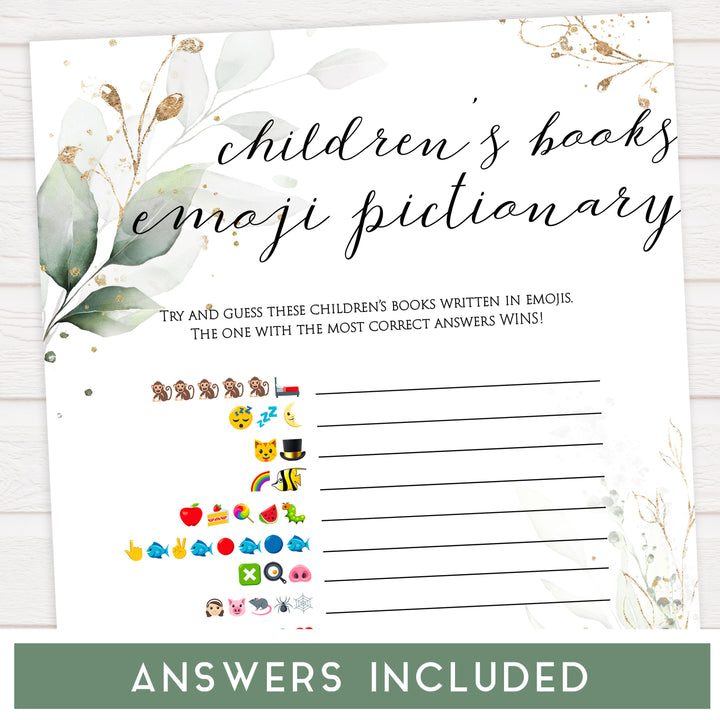 Gold green leaf baby games, childrens books emoji pictionary, printable baby games, fun baby games, top baby games to play, gold leaf baby shower, greenery baby shower ideas