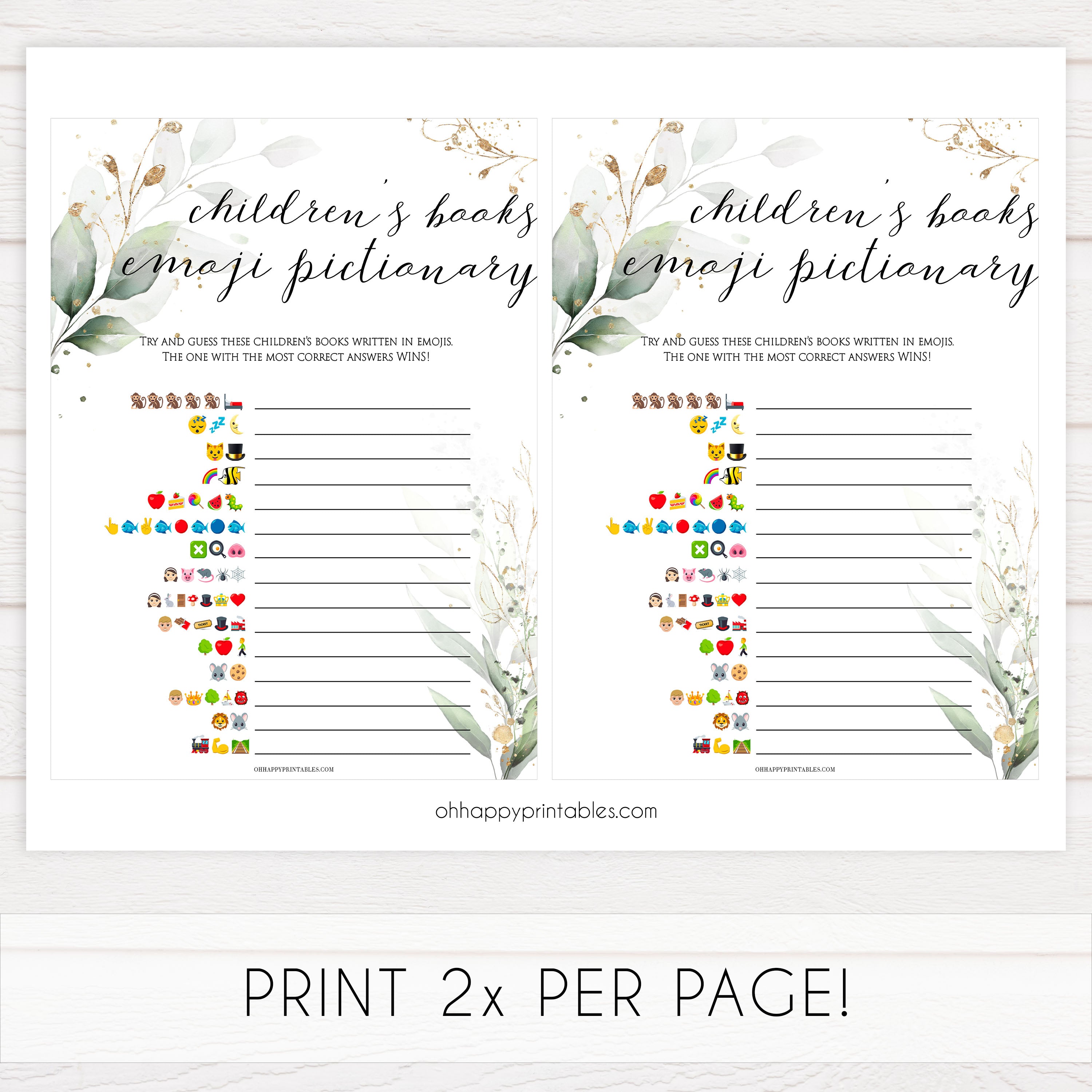 Gold green leaf baby games, childrens books emoji pictionary, printable baby games, fun baby games, top baby games to play, gold leaf baby shower, greenery baby shower ideas