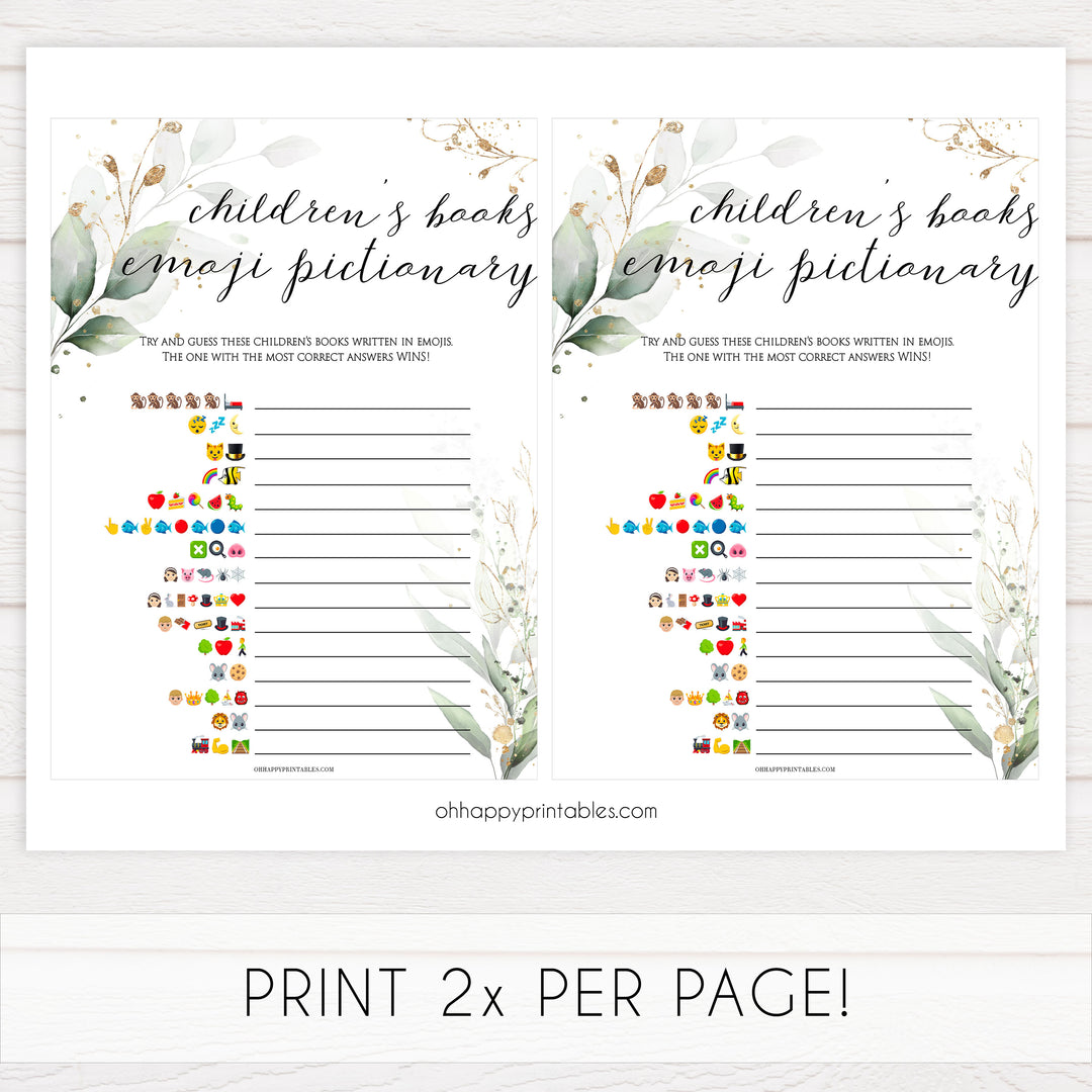 Gold green leaf baby games, childrens books emoji pictionary, printable baby games, fun baby games, top baby games to play, gold leaf baby shower, greenery baby shower ideas