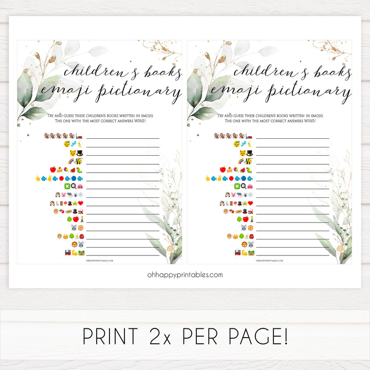 Gold green leaf baby games, childrens books emoji pictionary, printable baby games, fun baby games, top baby games to play, gold leaf baby shower, greenery baby shower ideas