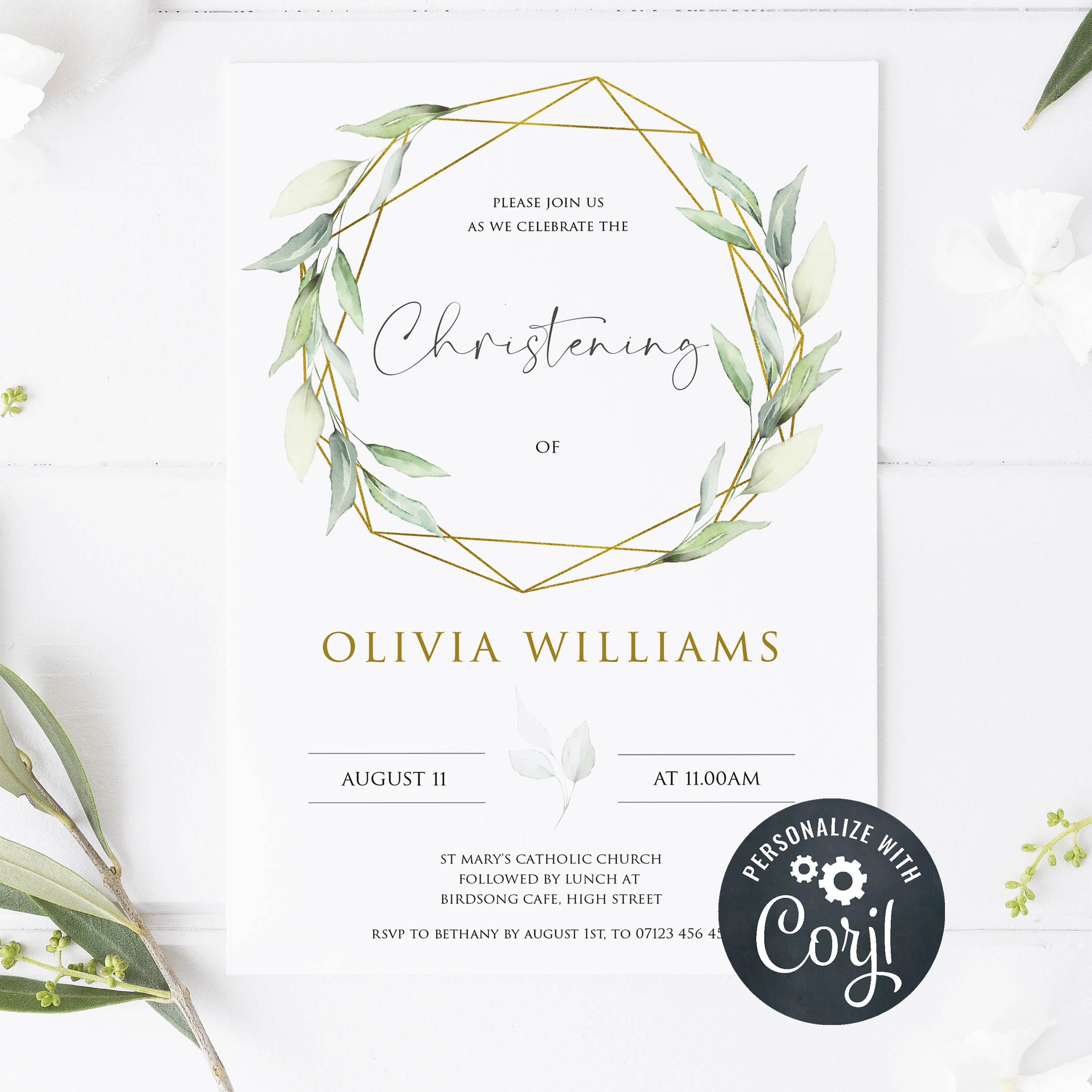 gold geometric christening invitation, editable christening invitation, editable baptism invitation