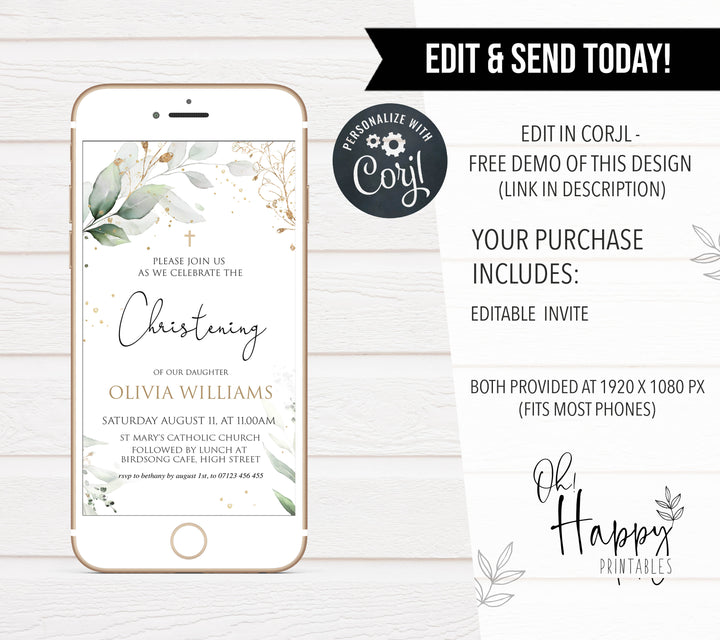 EDITABLE Gold Floral Christening Mobile Invitation
