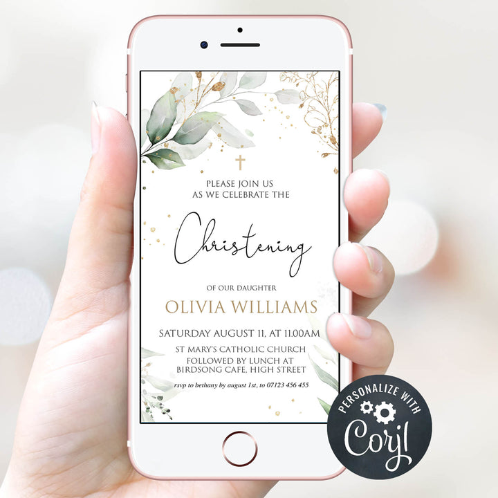 EDITABLE Gold Floral Christening Mobile Invitation