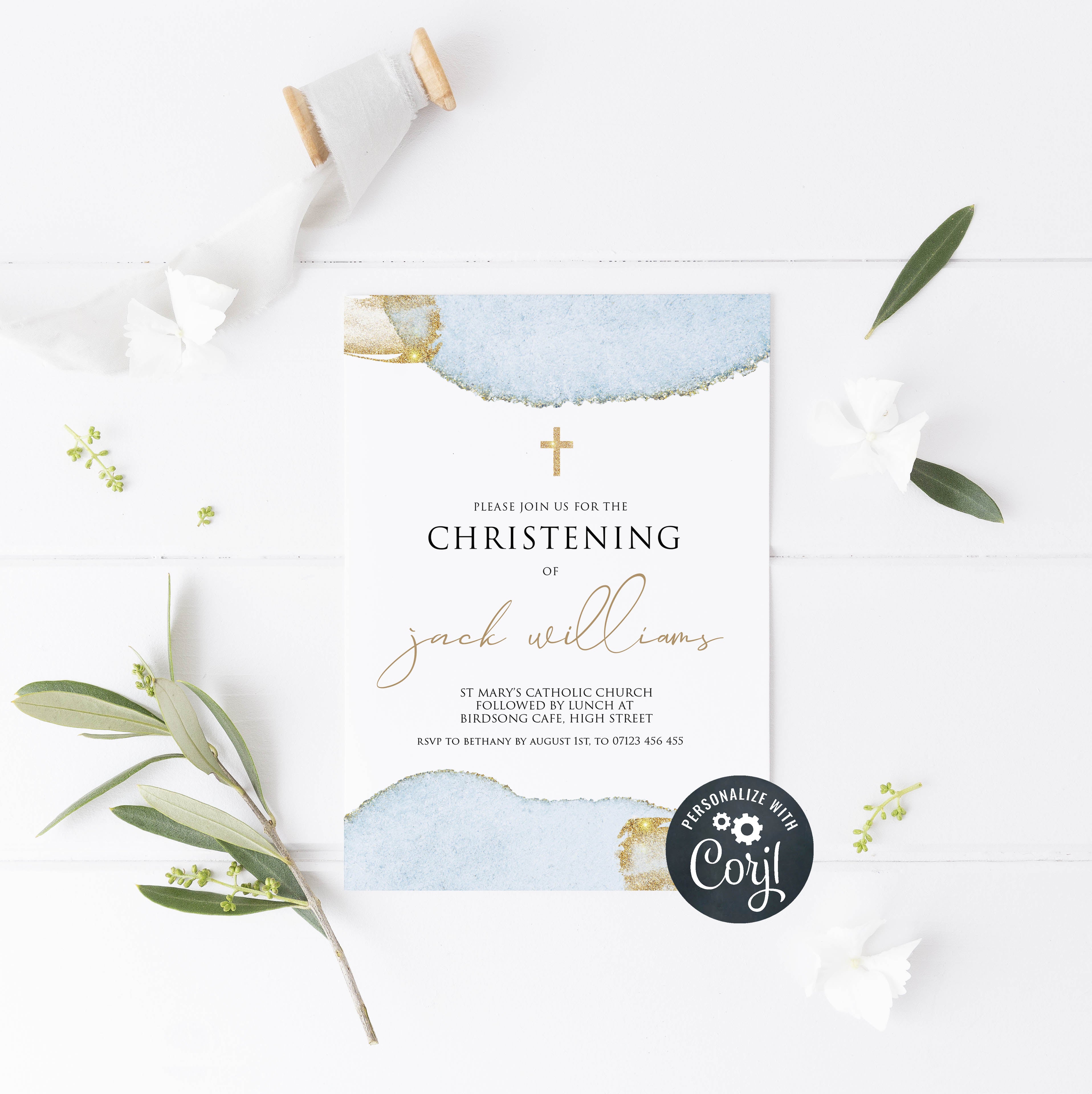 editable christening invitation, editable baptism invitation, editable christening invite, blue gold christening invitation