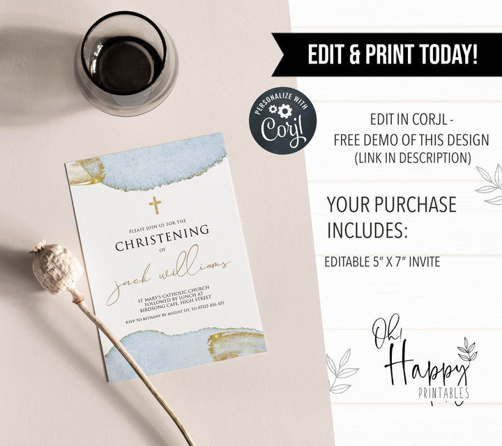 editable christening invitation, editable baptism invitation, editable christening invite, blue gold christening invitation
