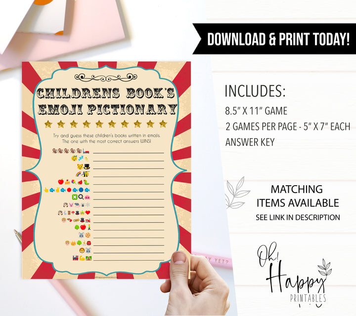 Circus childrens emoji pictionary baby shower games, circus baby games, carnival baby games, printable baby games, fun baby games, popular baby games, carnival baby shower, carnival theme