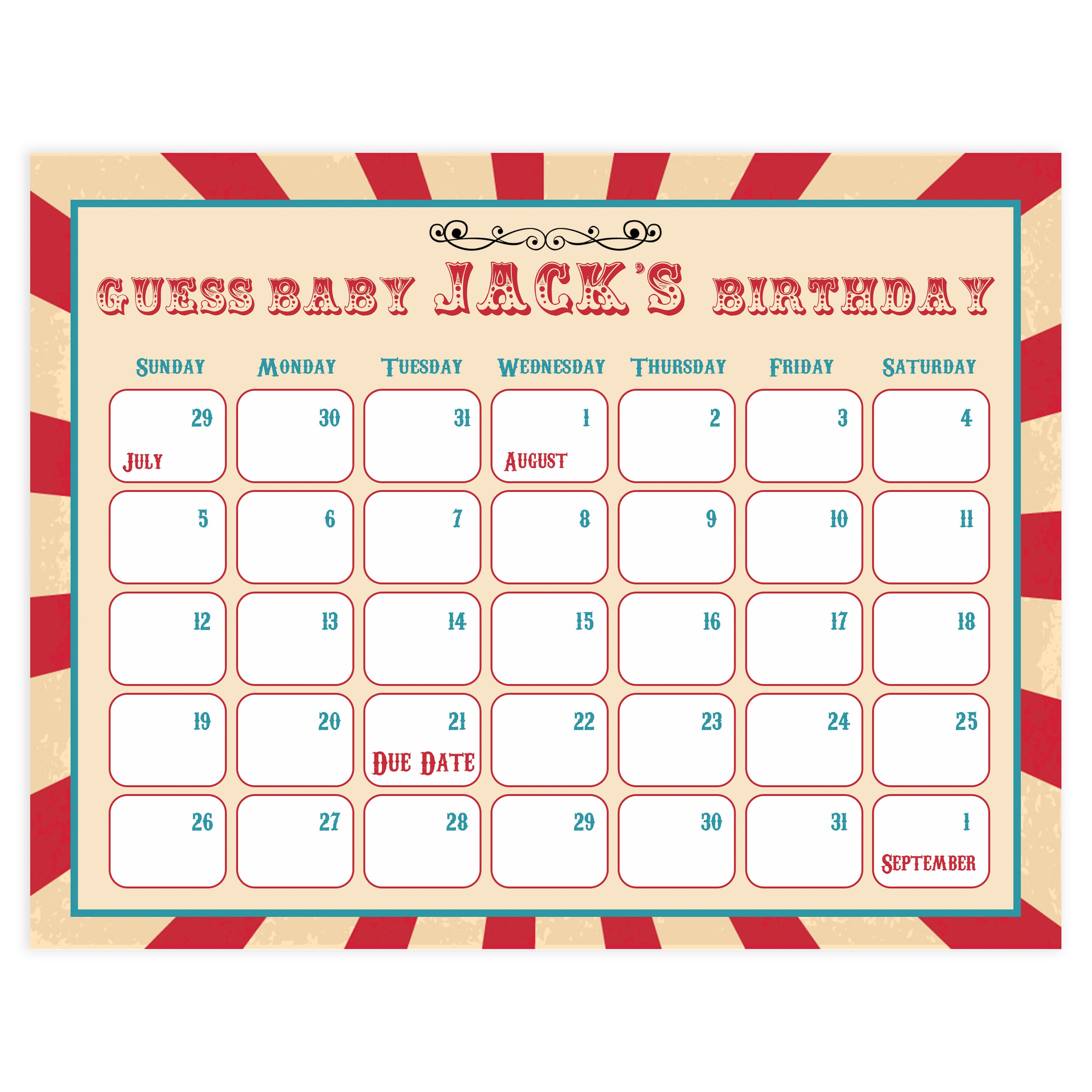 guess the baby birthday game, baby birthday predictions game, circus baby shower games, carnival fun baby shower games