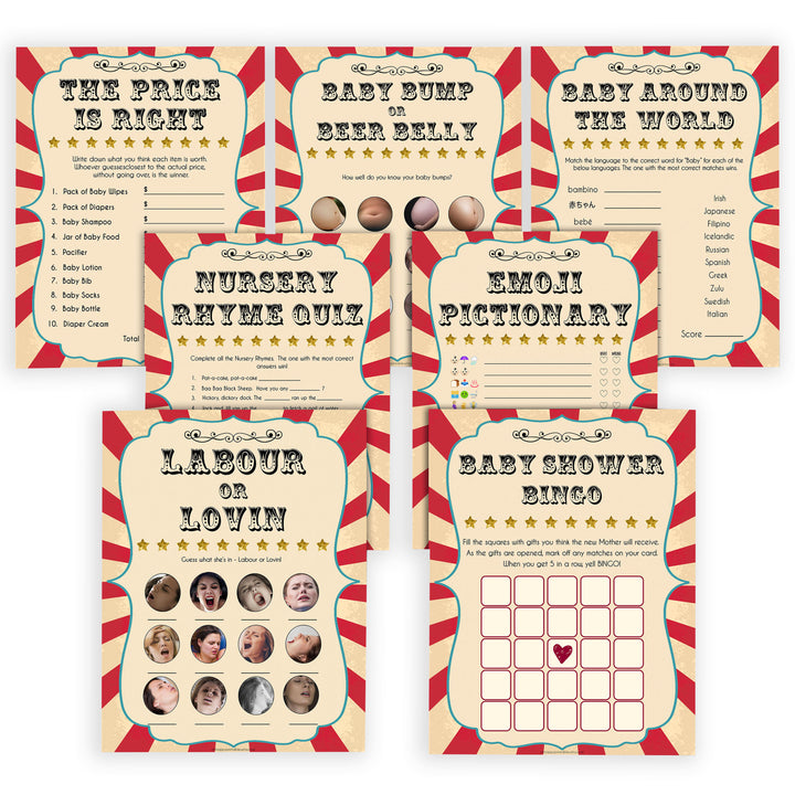 Circus 7 baby shower games, baby game bundles, fun baby games, popular baby shower games, circus baby games, carnival baby games, printable baby games, fun baby games, popular baby games, carnival baby shower, carnival theme