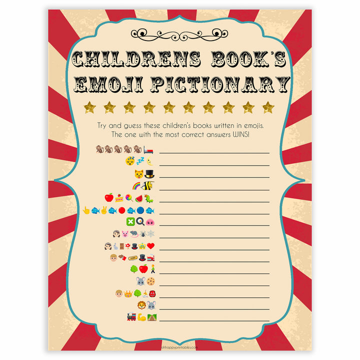 Circus childrens emoji pictionary baby shower games, circus baby games, carnival baby games, printable baby games, fun baby games, popular baby games, carnival baby shower, carnival theme