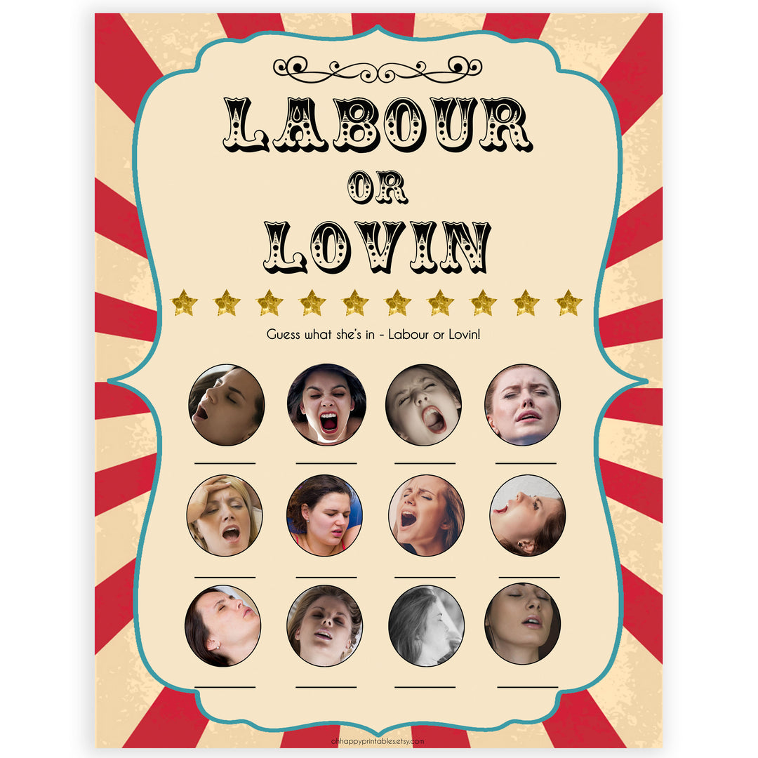 Circus labor or lovin, labor or porn baby shower games, circus baby games, carnival baby games, printable baby games, fun baby games, popular baby games, carnival baby shower, carnival theme