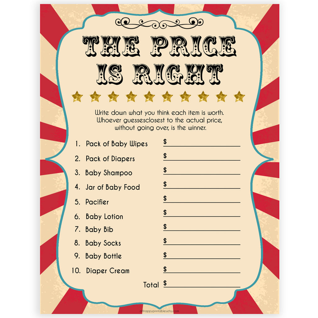 The Price is Right Game - Circus Printable Baby Shower Games ...