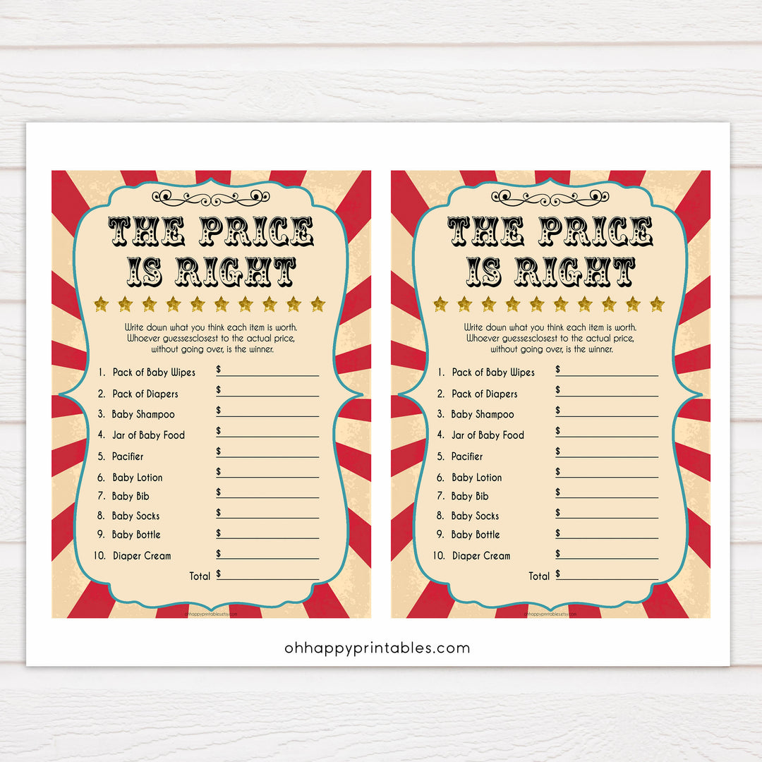 Circus the price is right baby shower games, circus baby games, carnival baby games, printable baby games, fun baby games, popular baby games, carnival baby shower, carnival theme