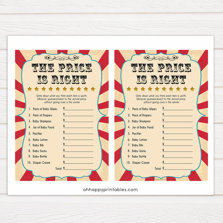 Circus the price is right baby shower games, circus baby games, carnival baby games, printable baby games, fun baby games, popular baby games, carnival baby shower, carnival theme
