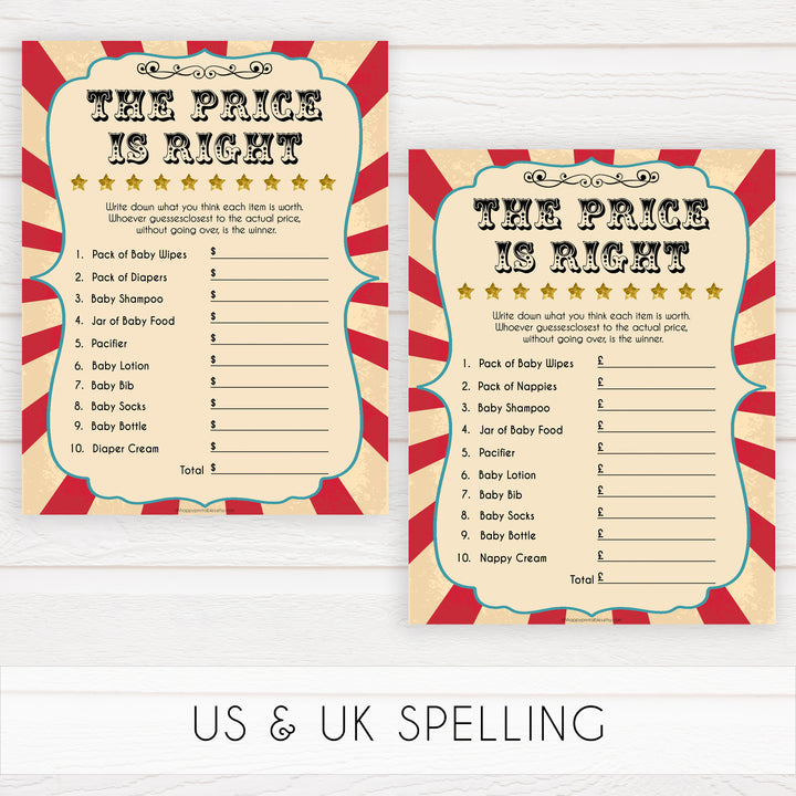Circus the price is right baby shower games, circus baby games, carnival baby games, printable baby games, fun baby games, popular baby games, carnival baby shower, carnival theme